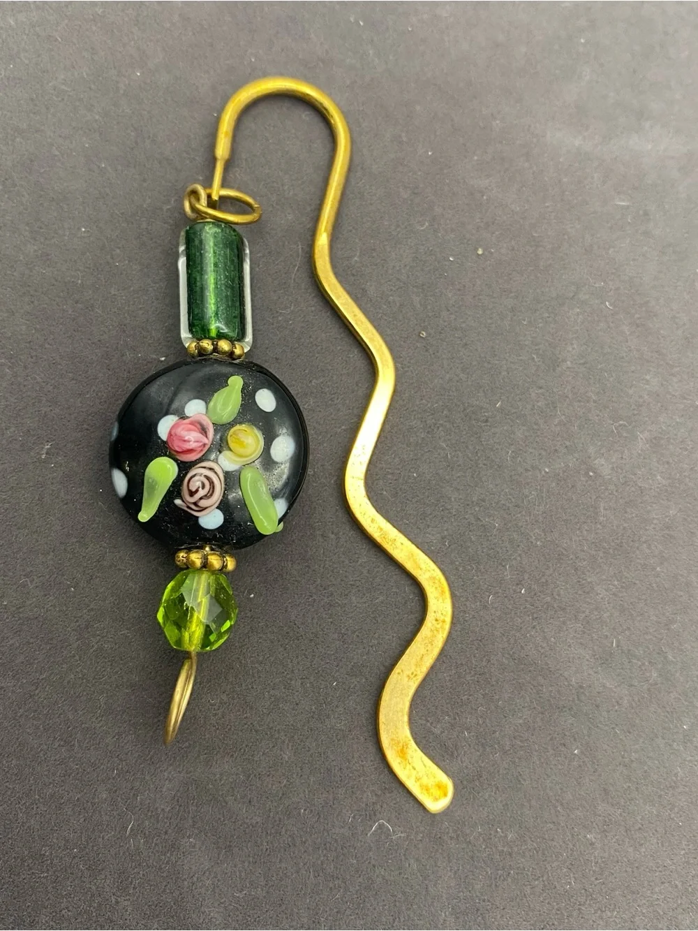 Black and Green Art Glass with Brass Floral Bookmark Charm